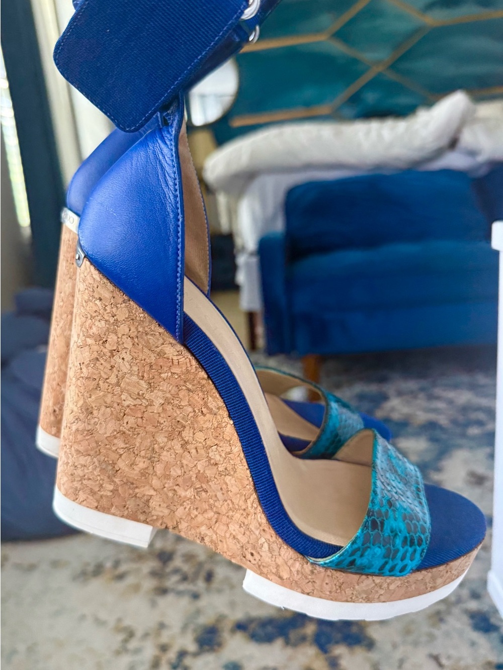 Jimmy Choo Blue Cork Wedge Sandals with Teal Strap - Women - Picture 3 of 4